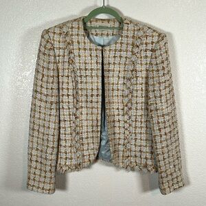 Brighton Paris Blue & Tan Tweed Boucle Blazer Hook Eye Closure Size 44(European)